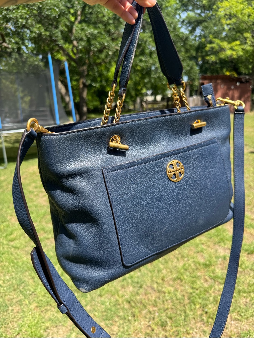 Tory Burch Navy Leather Convertible Shoulder Bag with Gold Hardware